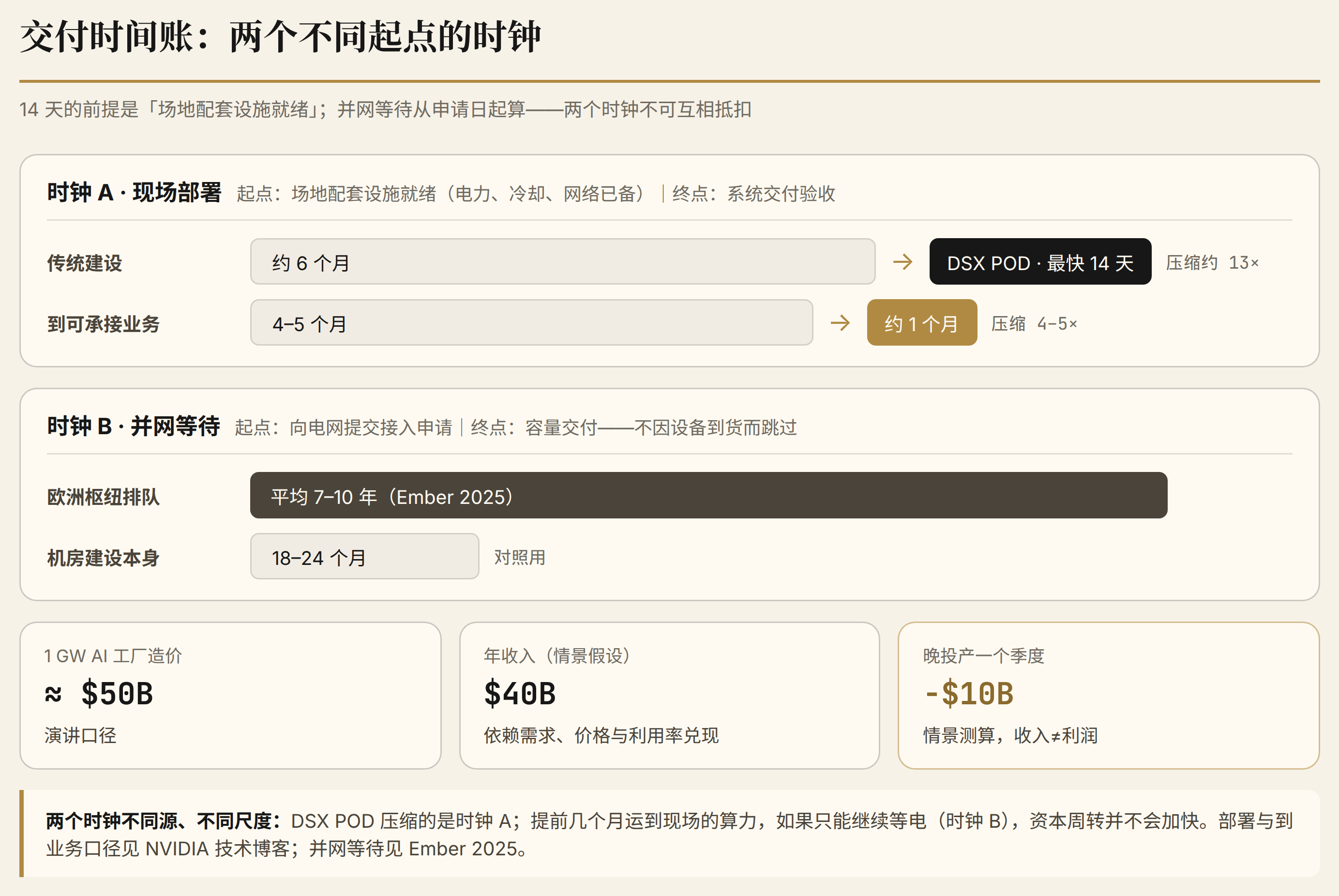 图 2 · 交付时间账:场地就绪后的部署时钟与从申请日起算的并网时钟