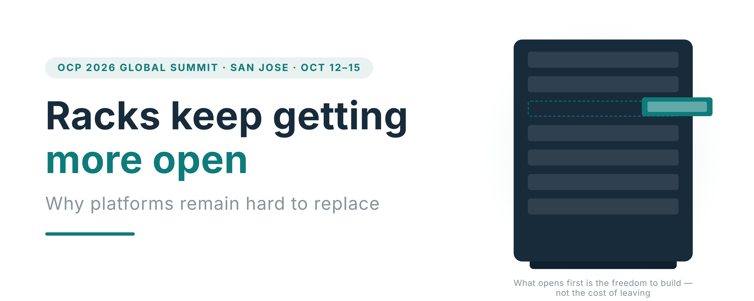 Site cover: title with OCP Global Summit dates on the left, a dark rack with a sliding-out tray on the right