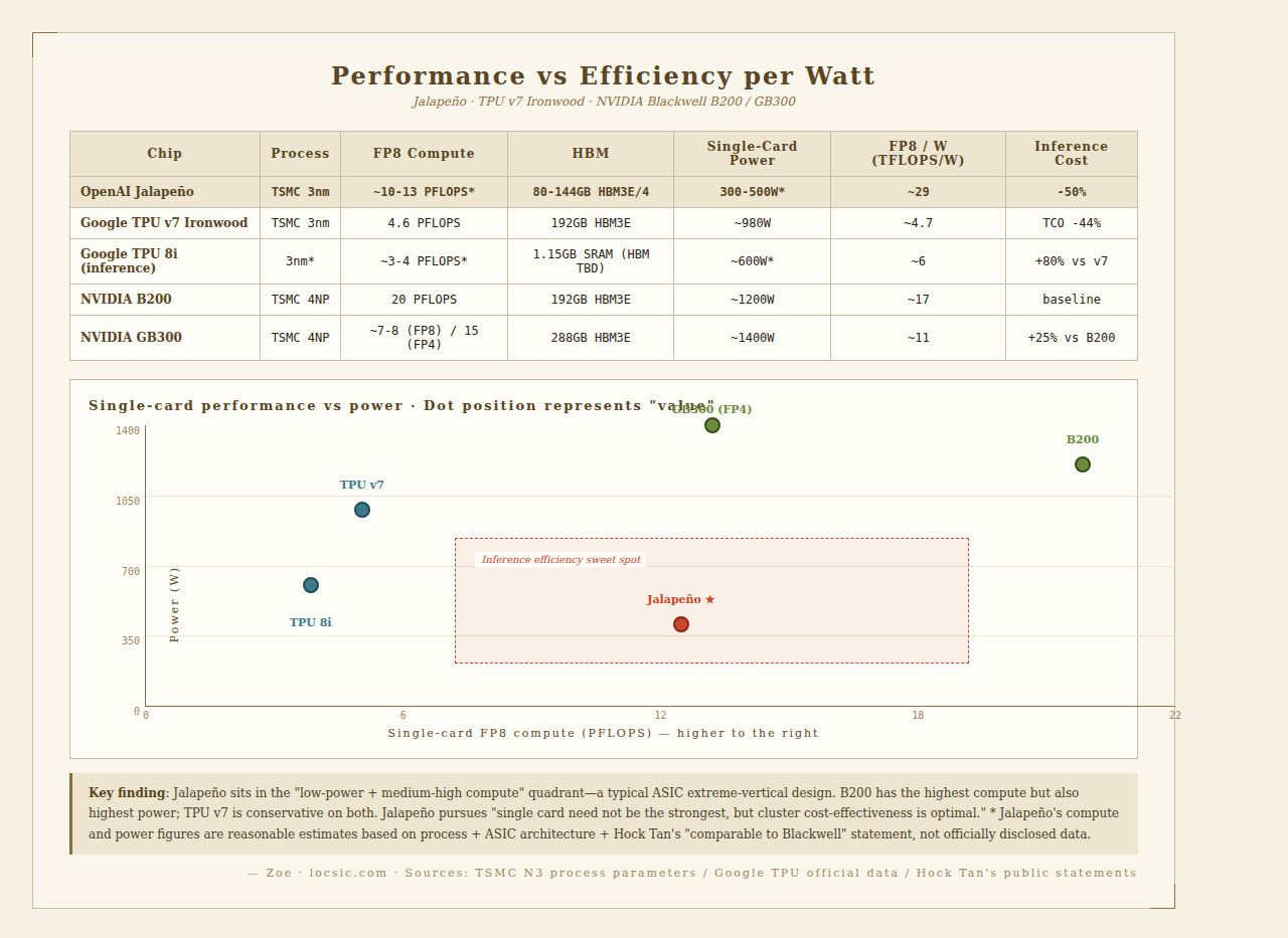 Performance vs efficiency per watt scatter: Jalapeño sits in inference efficiency sweet spot