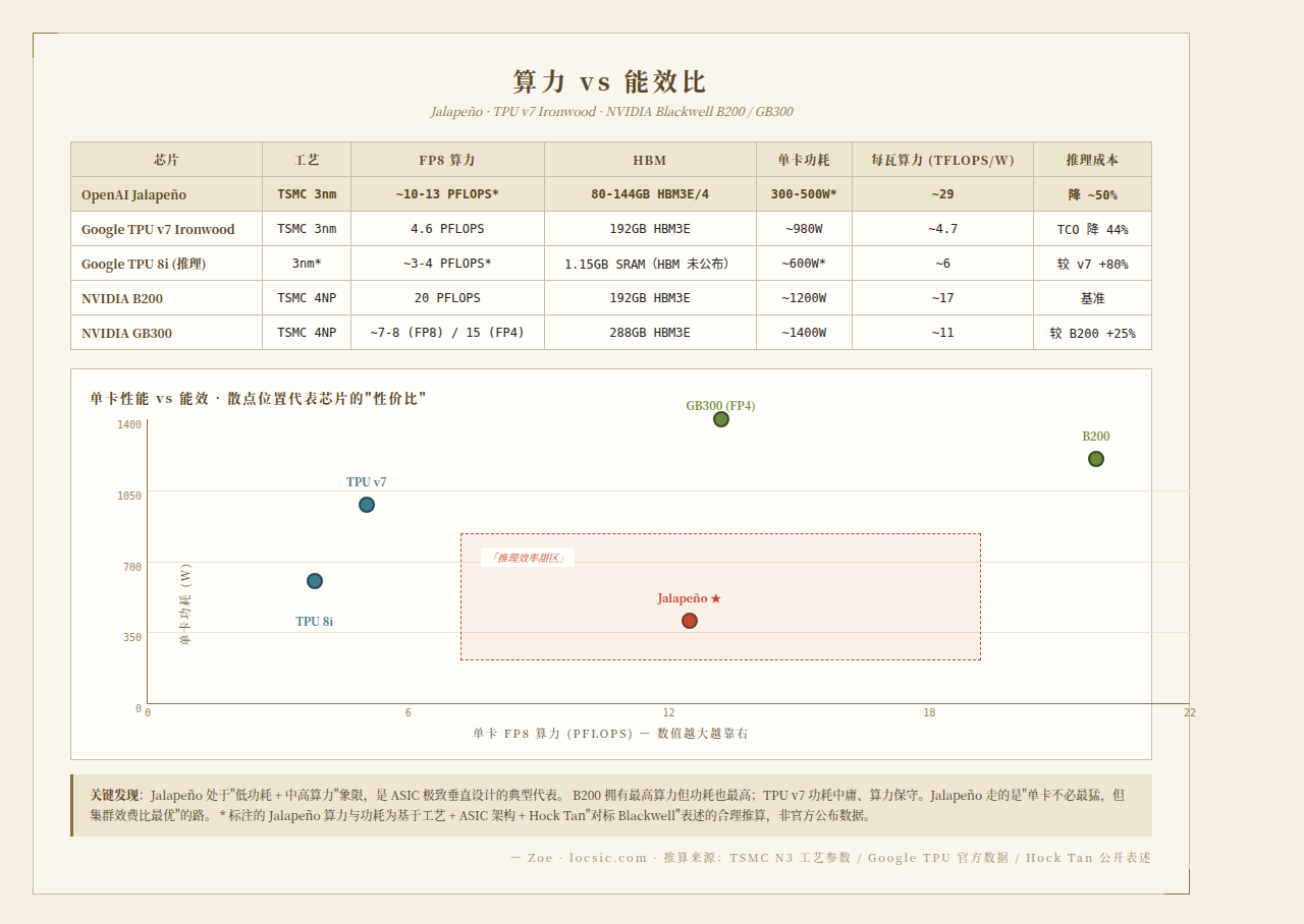 算力 vs 能效比散点图：Jalapeño 处于推理效率甜区