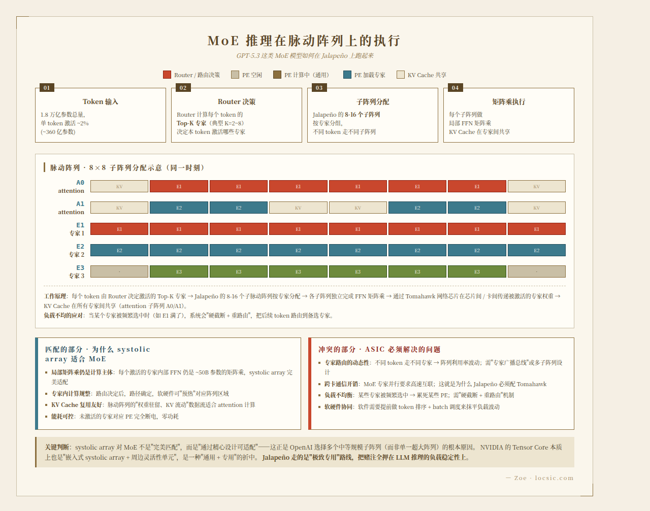MoE 推理在脉动阵列上的执行：路由→子阵列分配→矩阵乘→KV 共享