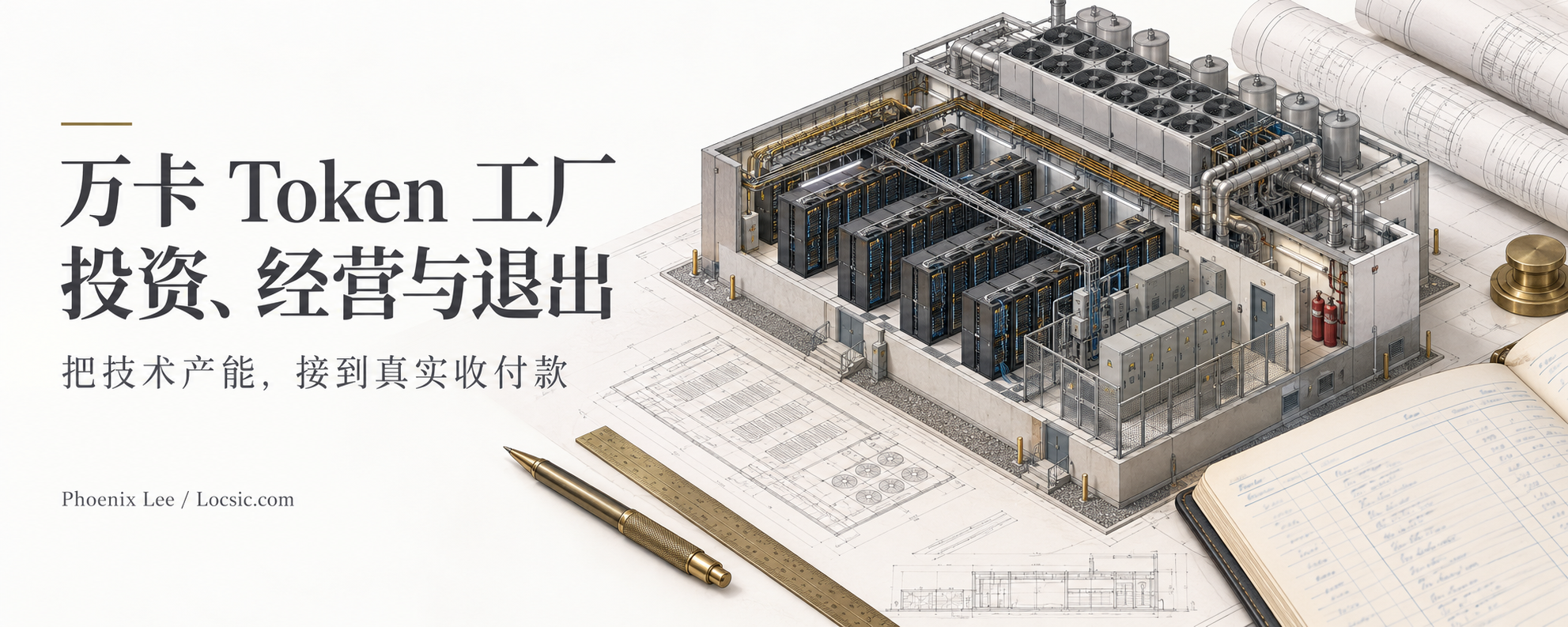 万卡 Token 工厂的投资、经营与退出,机房剖面与工程账本概念封面