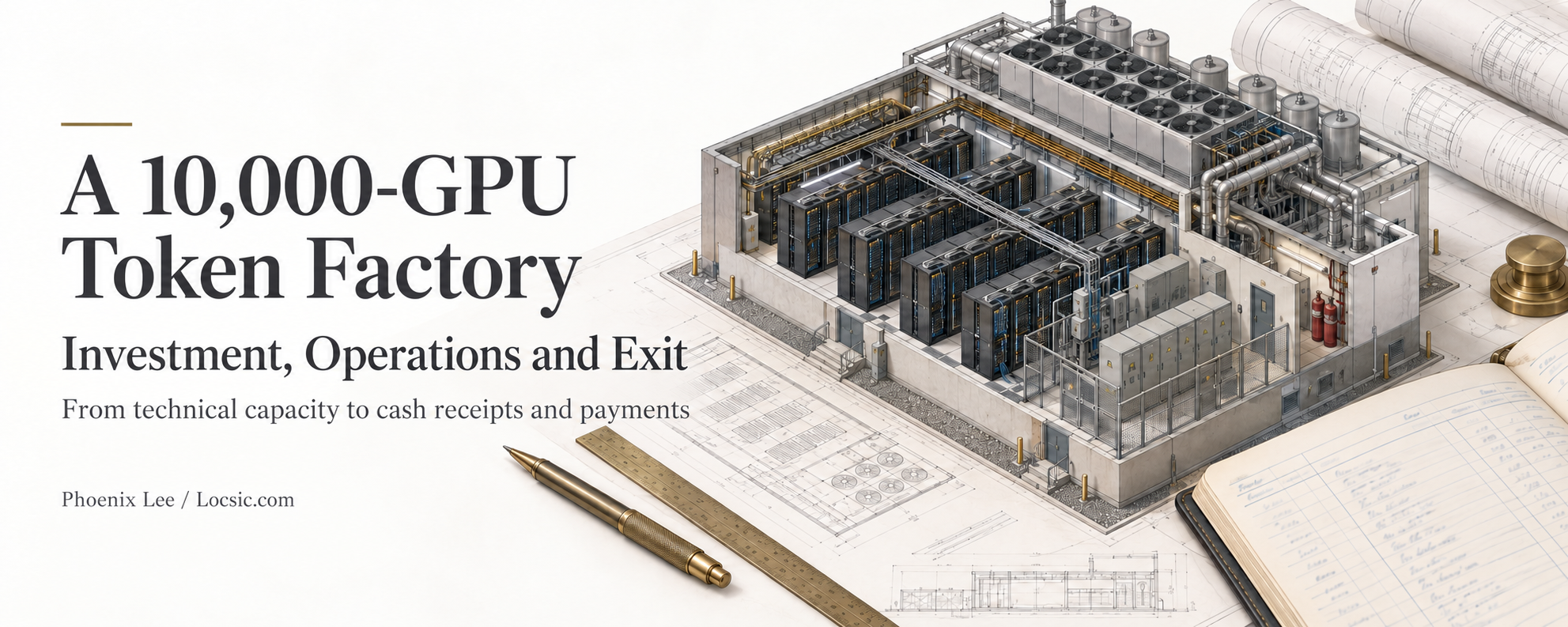 A 10,000-GPU token factory: investment, operations and exit, with a data-center cutaway and engineering ledger